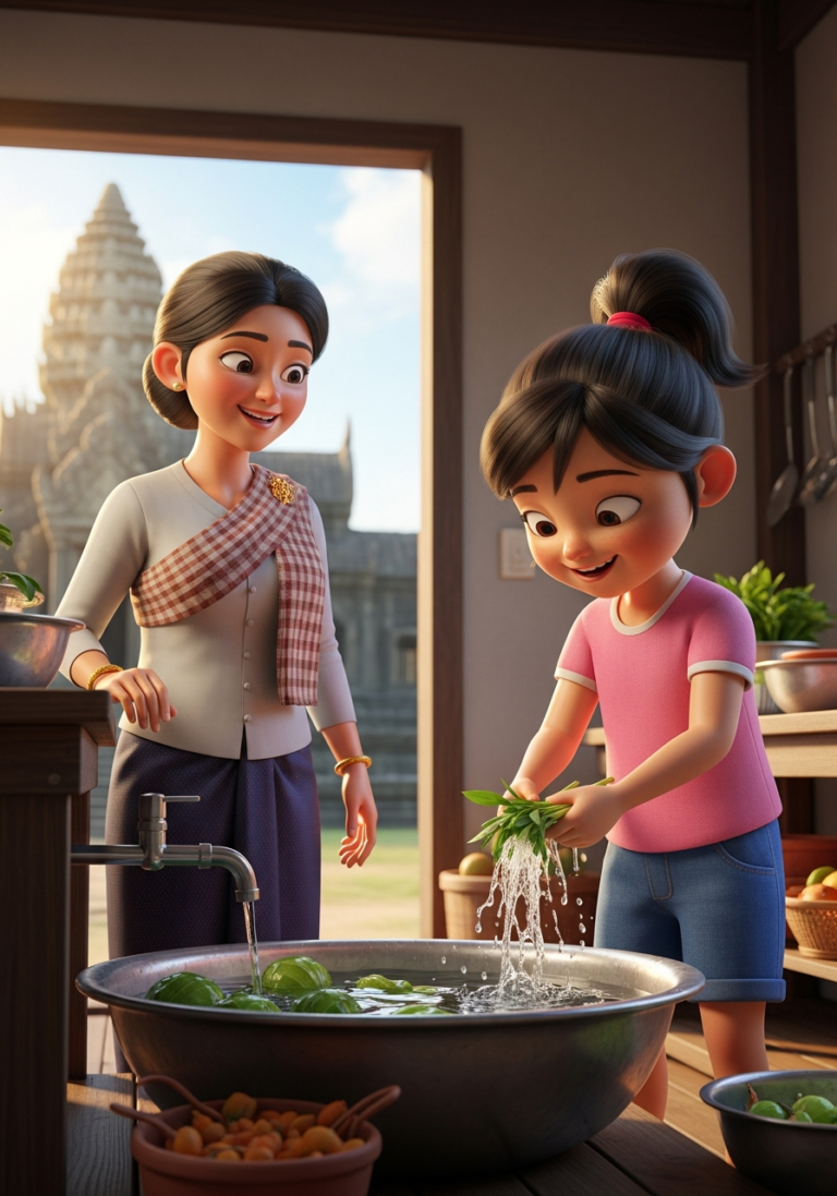 កុមារីរចនាចេះជួយការងារផ្ទះឪពុកម្តាយពេលទំនេរពីការសិក្សា